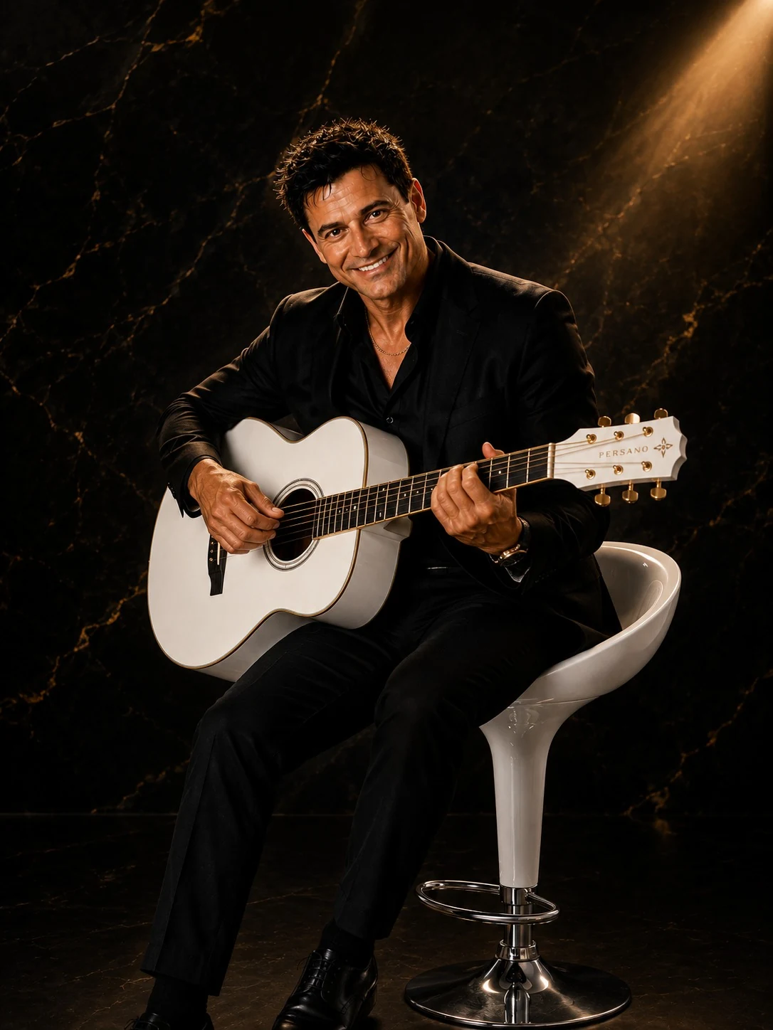 Dirk Persch mit weißer Gitarre – PERSANO® musikalisches Erbe