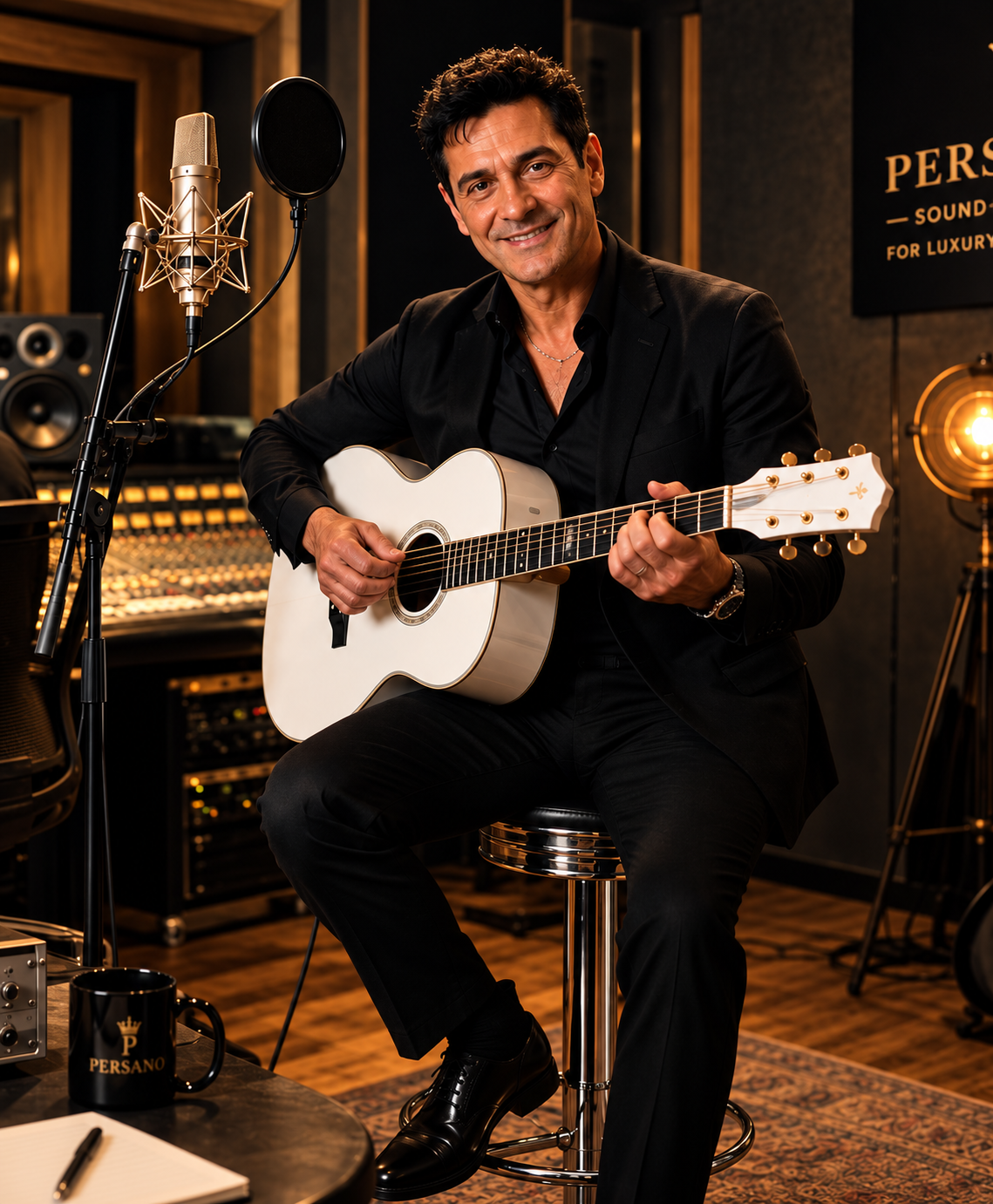 Dirk Persch with his white guitar in the PERSANO® sound studio, with microphone and mixing console