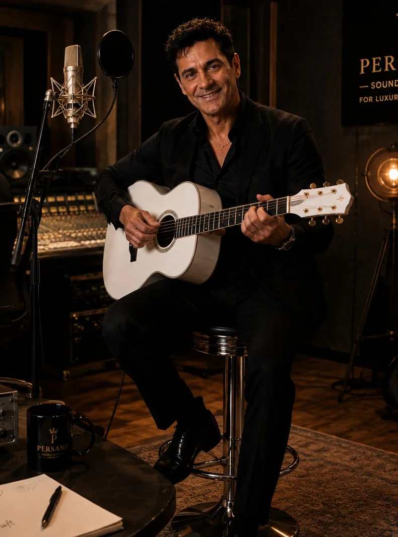 Dirk Persch im Tonstudio mit weißer Gitarre – PERSANO® musikalisches Erbe