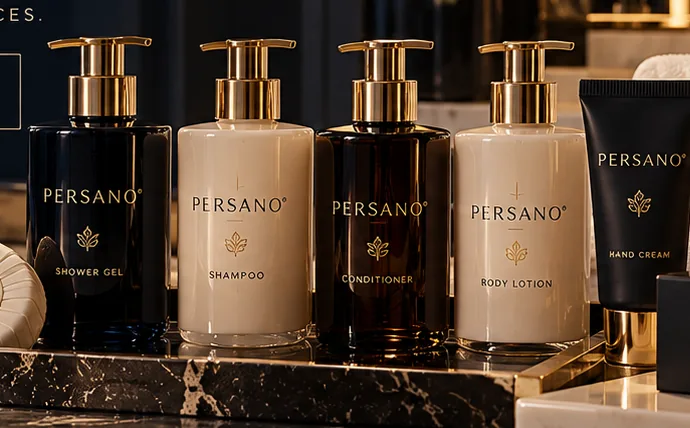 Conceptual illustration of PERSANO branded shower gel, shampoo, hand soap and body care