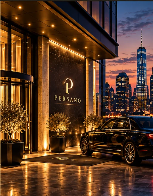 Illustrative PERSANO-branded luxury hotel arrival at dusk, New York skyline