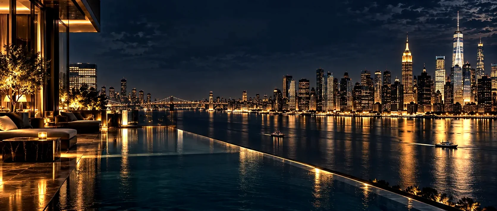 Illustrative city skyline and infinity-pool atmosphere at dusk